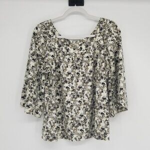 Neutral Floral Print Top with Billowy Bracelet Length Sleeves, Soft Cotton, L
